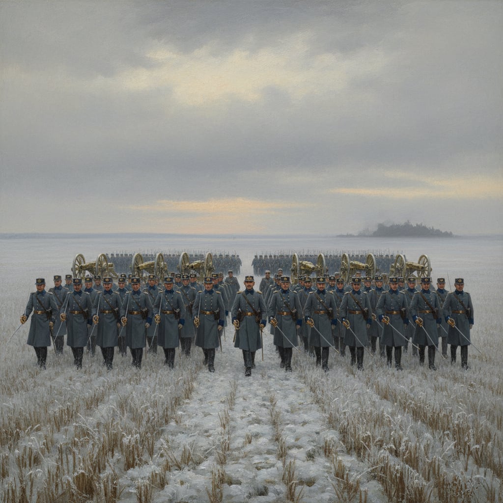Twelve thousand Rationalist troops in perfect textbook formation on the frozen Iron Plains of Pannonia at dawn, artillery batteries unlimbered, a darkness gathering on the eastern horizon — one hour before fire fell from a cloudless sky