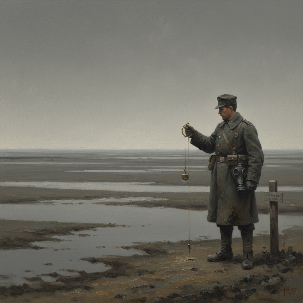 The Blightmarsh from the exclusion-zone boundary — grey warm mud stretching to no horizon, a lone Synod observer at the boundary marker, grey dimensionless sky, everything the colour of hunger