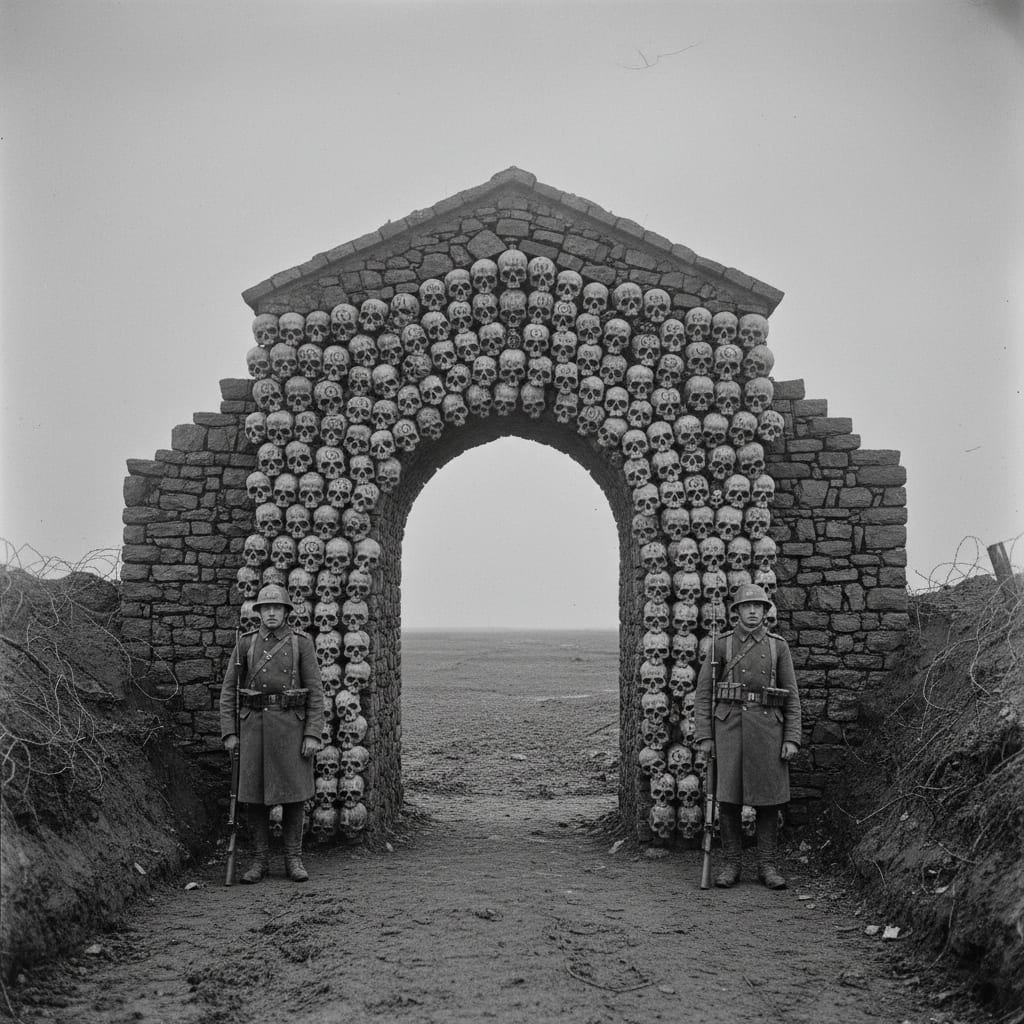 The Ossuary Gate of Debrecen — a gate arch built from skull-mortared stone, each skull branded with a field confession, Synod guards posted either side, the grey beyond open to nothing