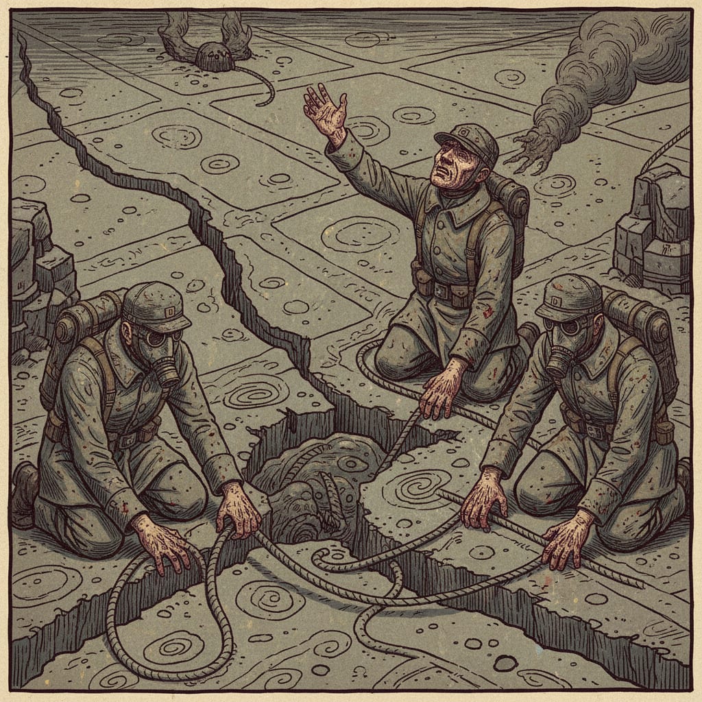 The Mire Collapse of A.S. 172 — Litany-Engineers kneeling at the fissure edges pressing bloodied fuses into the mud, hungry shapes visible in the fissures below, one arm raised in prayer