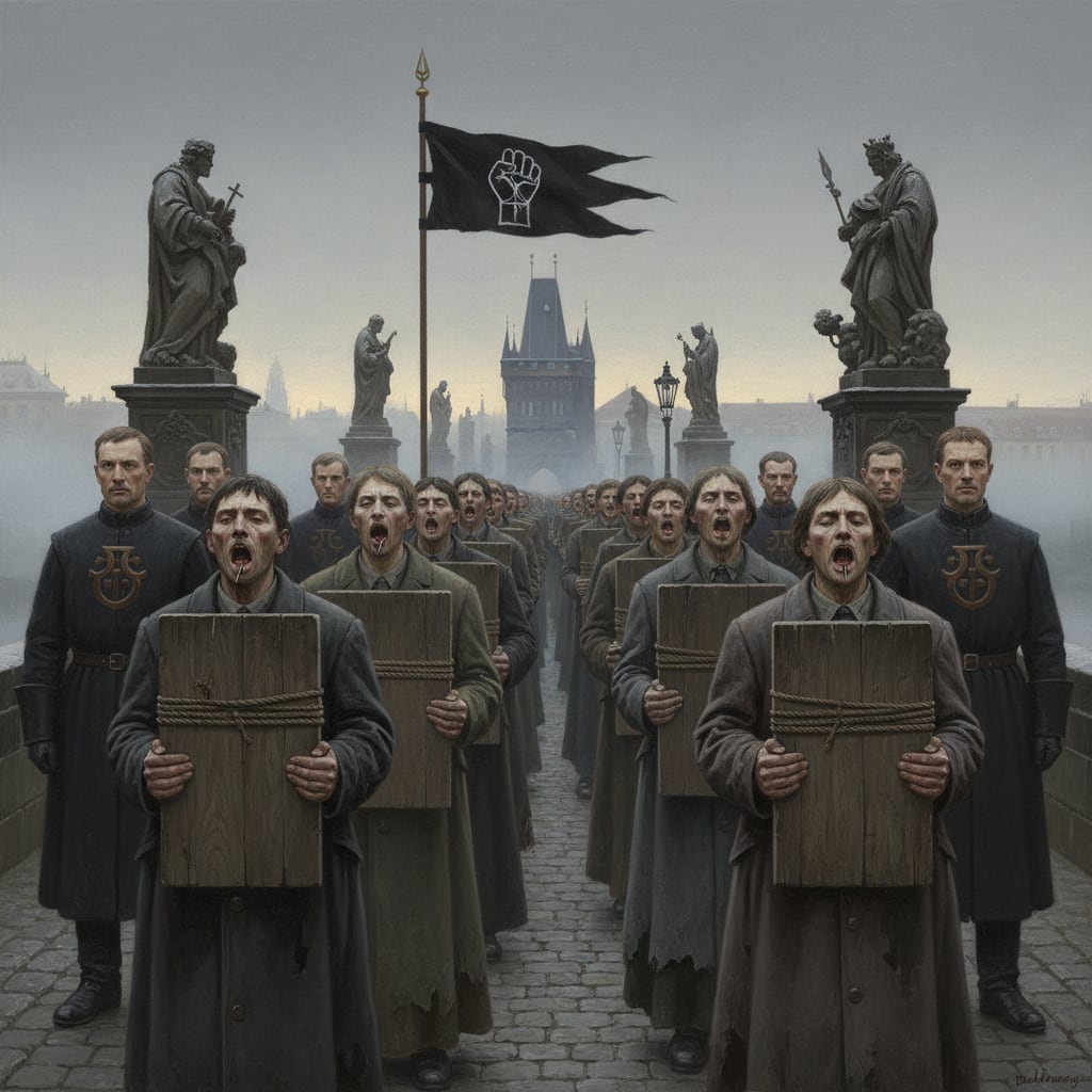 The Procession of Tongues crossing the Charles Bridge at dawn, condemned holding oak doctrine tablets, Ephrath brothers flanking, fog on the Vltava below