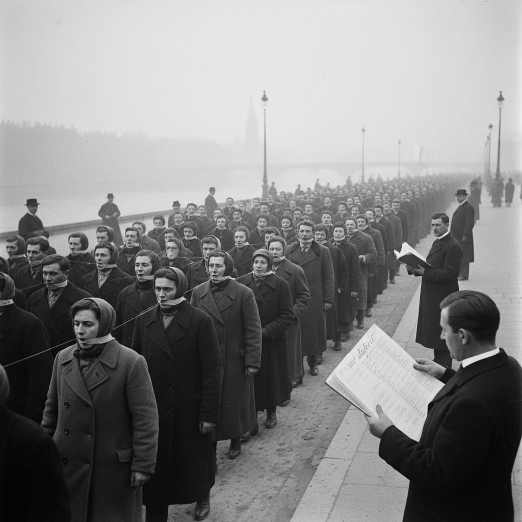 The Lyon variant, Bureau of Festivals Procession of Tongues, citizens chanting the Creed along the riverside boulevard, some mouths already bound with oiled linen strips