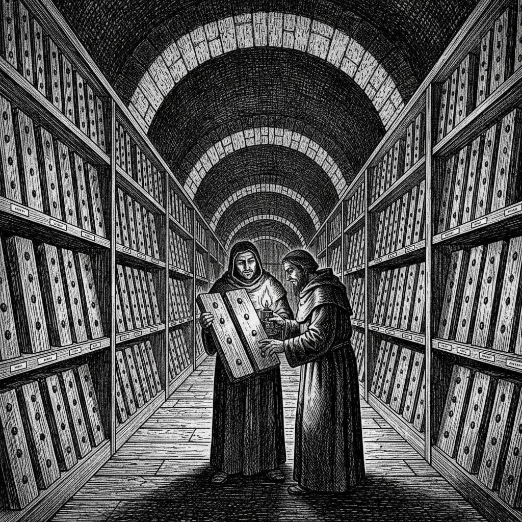 The Ephrath Chapterhouse doctrine tablet warehouse, shelves of oak tablets filed by decade, nail-holes worn smooth on older tablets, two brothers examining one by lamplight
