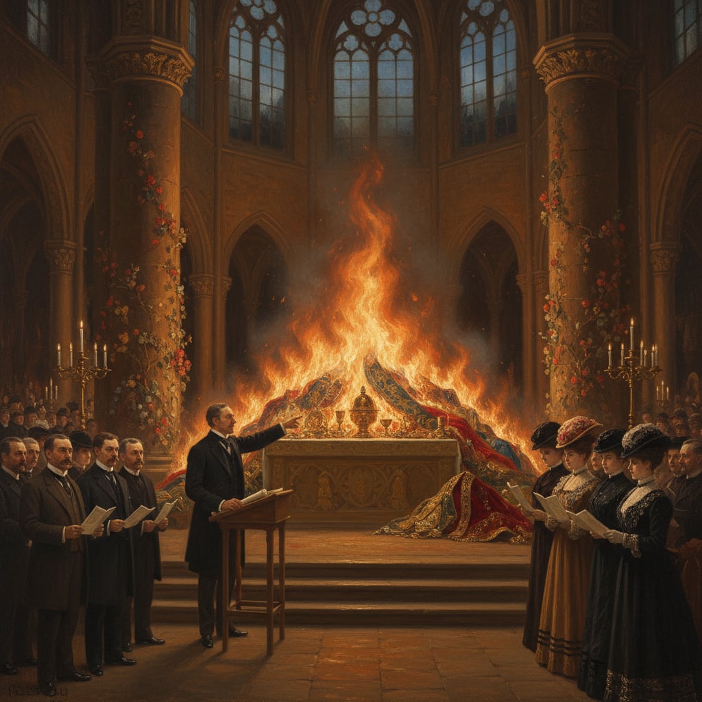 Bonfire of Purification inside Rouen Cathedral nave, A.S. 12 — vestments burning at the altar steps, Rationalist lecturer at a podium before the pyre, printed programmes in audience hands