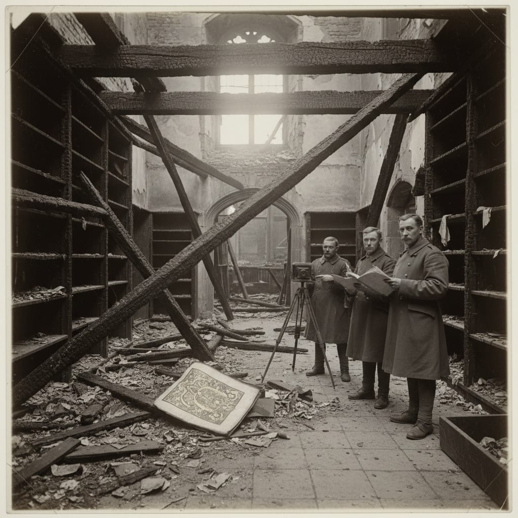 Gutted scriptorium at Ghent the morning after the fire — charred shelves, fallen beams, ash on stone floors, one illuminated page intact amid the debris