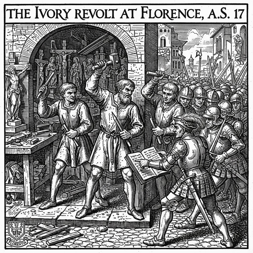 The Ivory Revolt at Florence — artisans defending their workshop doorway with chisels and awls against Republican Guards, crucifixes on the workbenches behind them