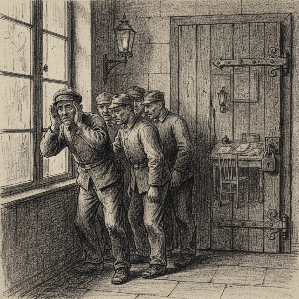 Synod maintenance workers at the door that does not open — one man pressing his face to the exterior window glass, ordinary furniture visible through it, his expression suggesting the interior view differs from the exterior