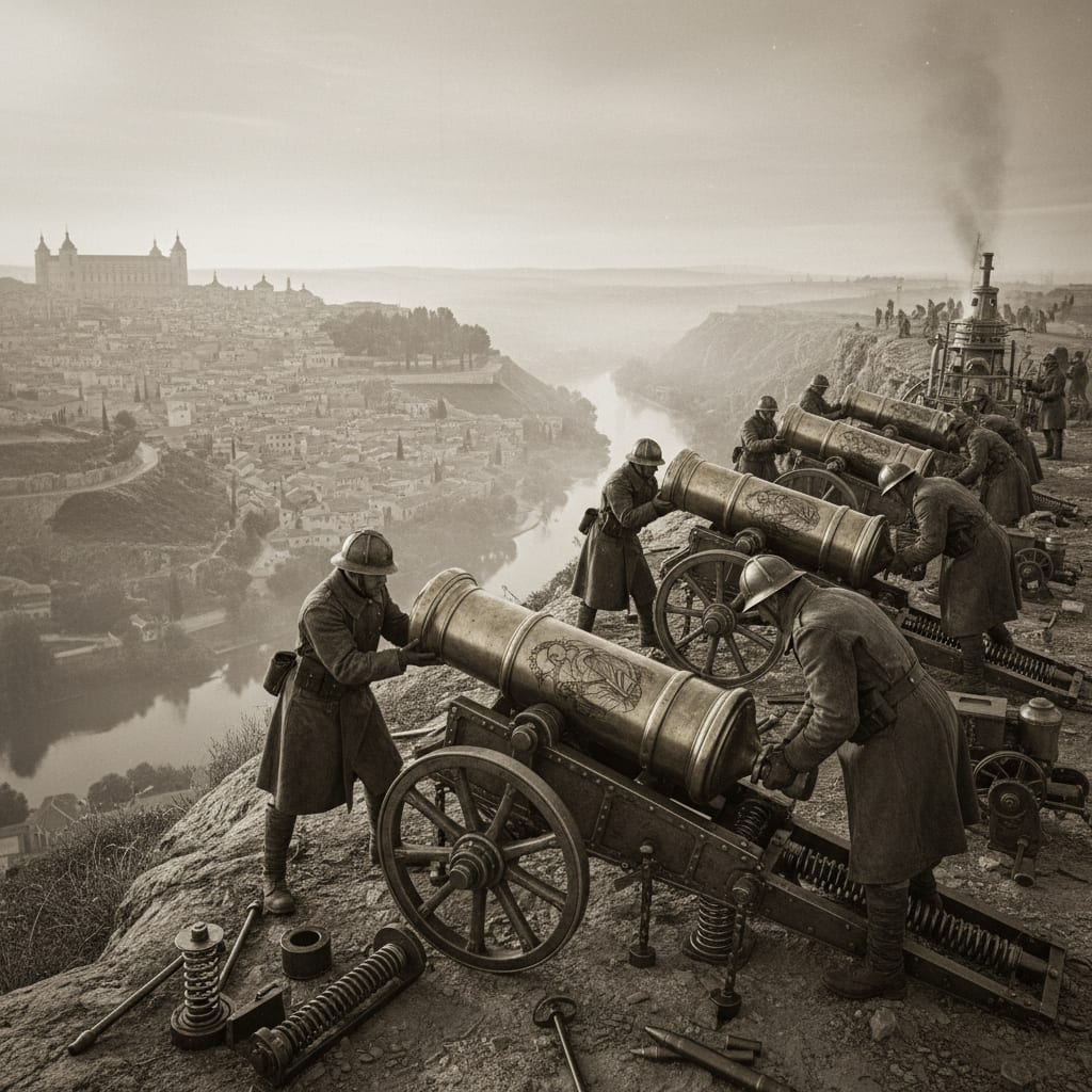 The 4th Orison Company Bell-Cannon crews on a ridge above Toledo, relic-shot brass artillery on wheeled carriages, soldiers loading saint-inscribed rounds