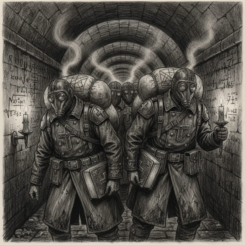 Litany-Engineers crawling through narrow stone sewers beneath Toledo, oil-stained hymnals at their belts, equations and prayers scratched into the wet stone walls by candlelight