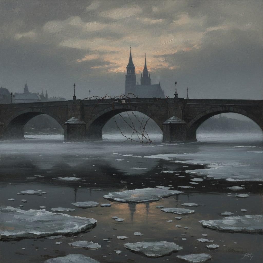 The Dębnicki Bridge over the frozen Vistula at pre-dawn, empty stone bridge after the act, scattered iron wire glinting on the flags, ice floes in the black water below, Kraków spires silhouetted in grey overcast