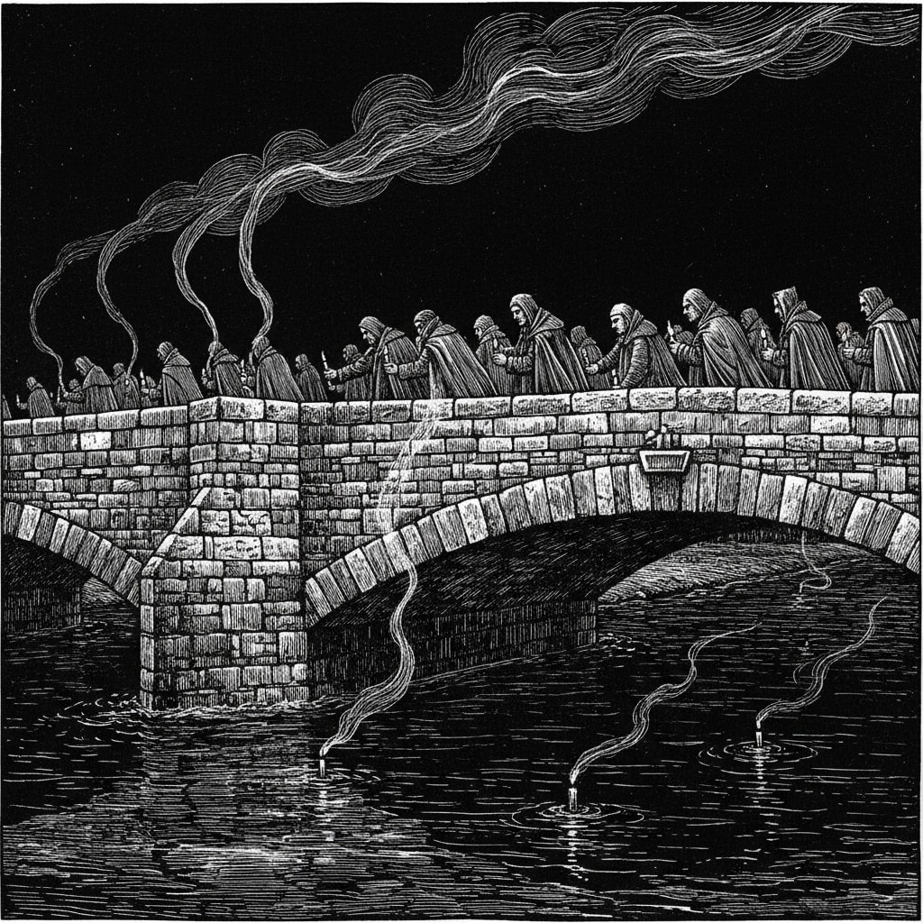 Pilgrims in greatcoats on the Dębnicki Bridge at night, extinguishing candles one by one at the midpoint, dropping smoking wicks into the dark Vistula below, forty-seven wisps of smoke rising