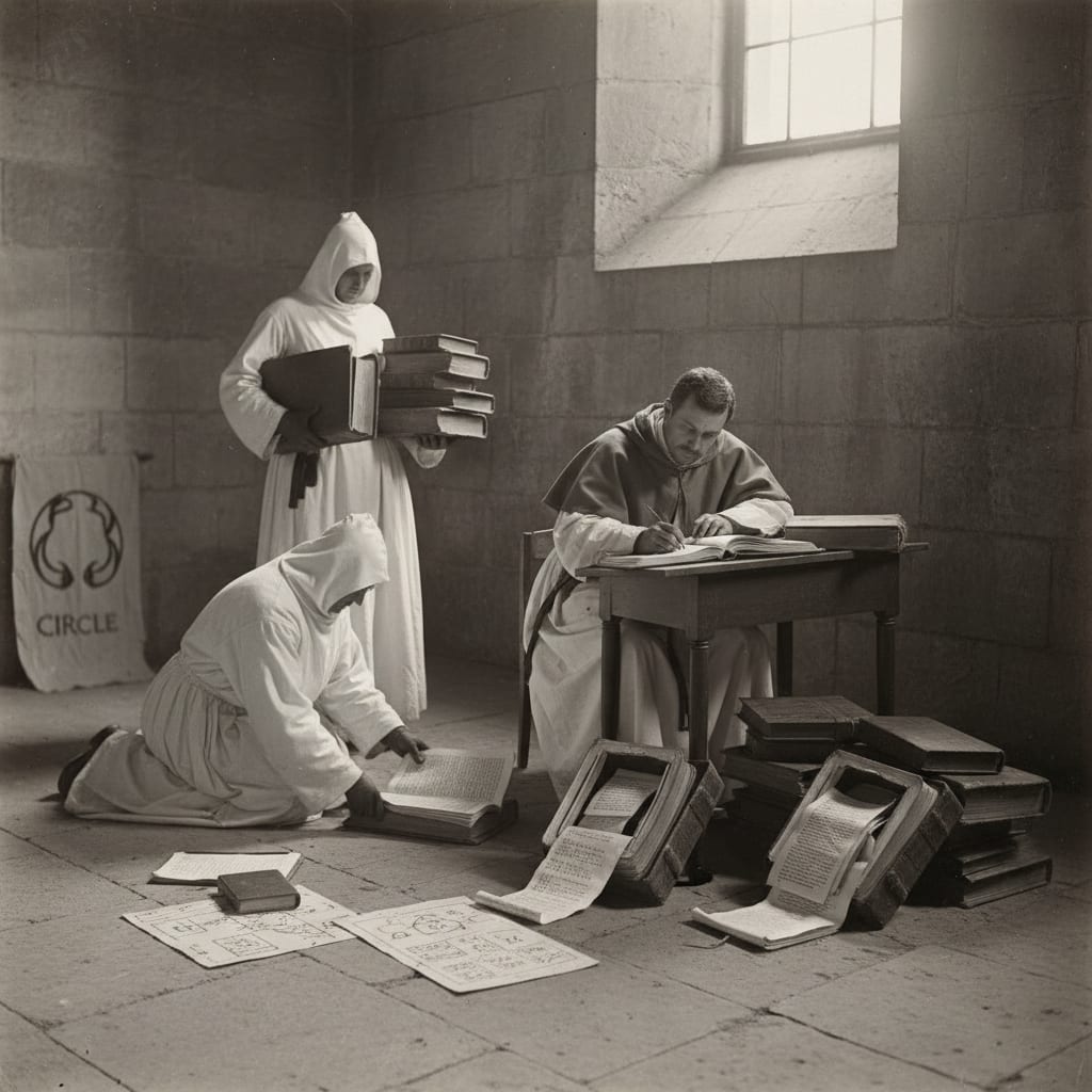 Bureau of Purity Interdiction Squad cataloguing confiscated texts on a stone floor — hollowed hymnals cut open to reveal hidden manuscript pages, a Redactor with ledger noting each item