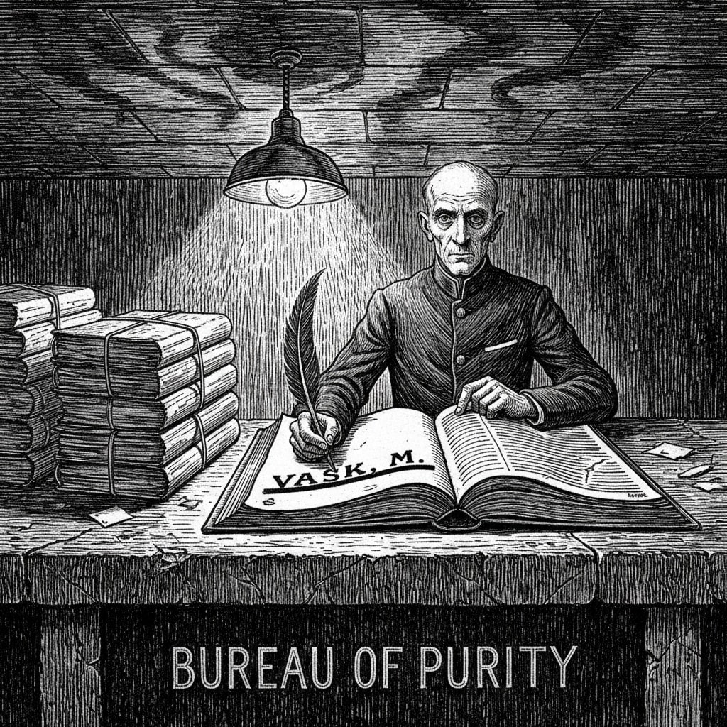 Bureau of Purity clerk drawing a line through Vask's name in the Index of Prohibited Persons — confiscated text-folios stacked beside the desk, smoke stains on the stone ceiling from the recently completed bonfire