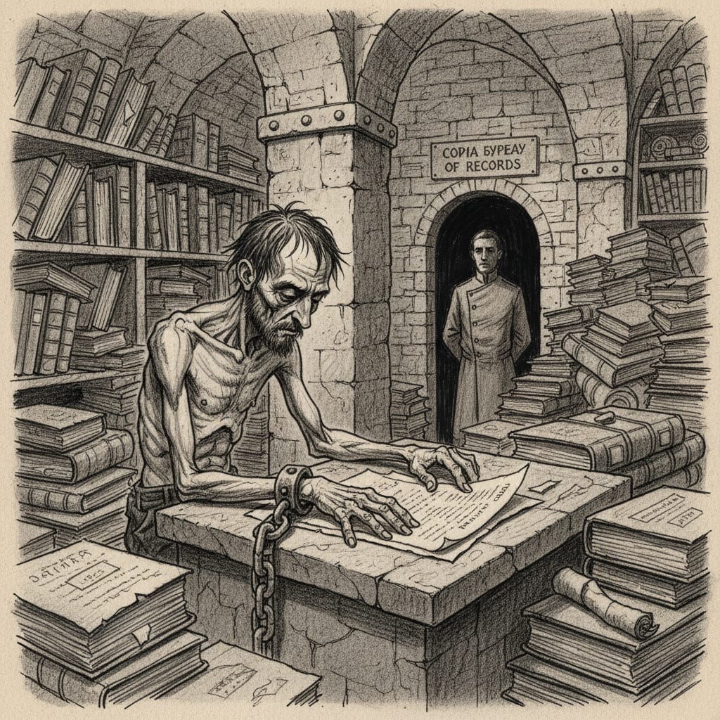 A bell-sickness case in the Bureau of Records filing annex at Sofia — a man counting document pages one by one, chain still on his wrist, a Bureau orderly watching from the doorway.