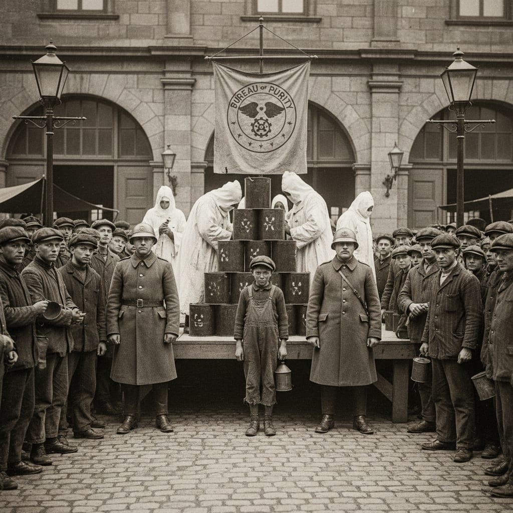Bureau of Purity confiscation theatre in a garrison market square — officers stacking canisters, a Wick-Kid between two guards, crowd watching with neutral faces