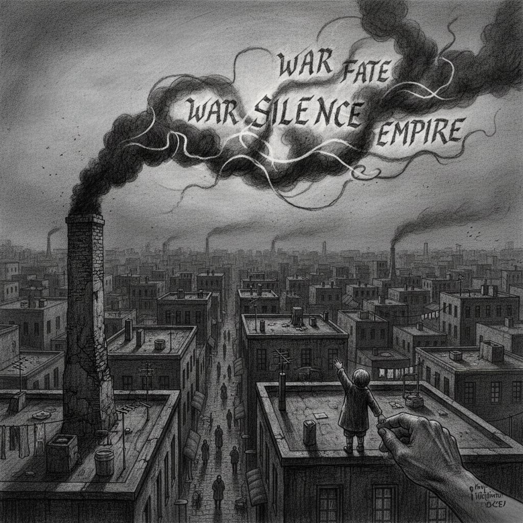 Constantinople warren rooftop at dusk — oily black smoke coiling into legible letters above the skyline, figures averting their gaze, one child pointing upward as an adult hand closes gently over the child's wrist