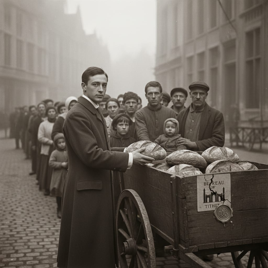 Queue-Saints distributing bread from a bread-cart in a Ghent ration queue at pre-dawn, hollow-faced workers and families extending into the morning fog.