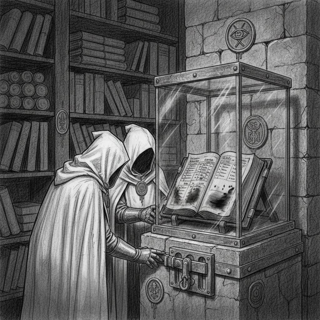 Two white-robed Bureau of Purity archivists before the sealed glass case containing the Black Ledger of Ghent in a Strasbourg archive room, blood-stained vellum pages visible through the glass.