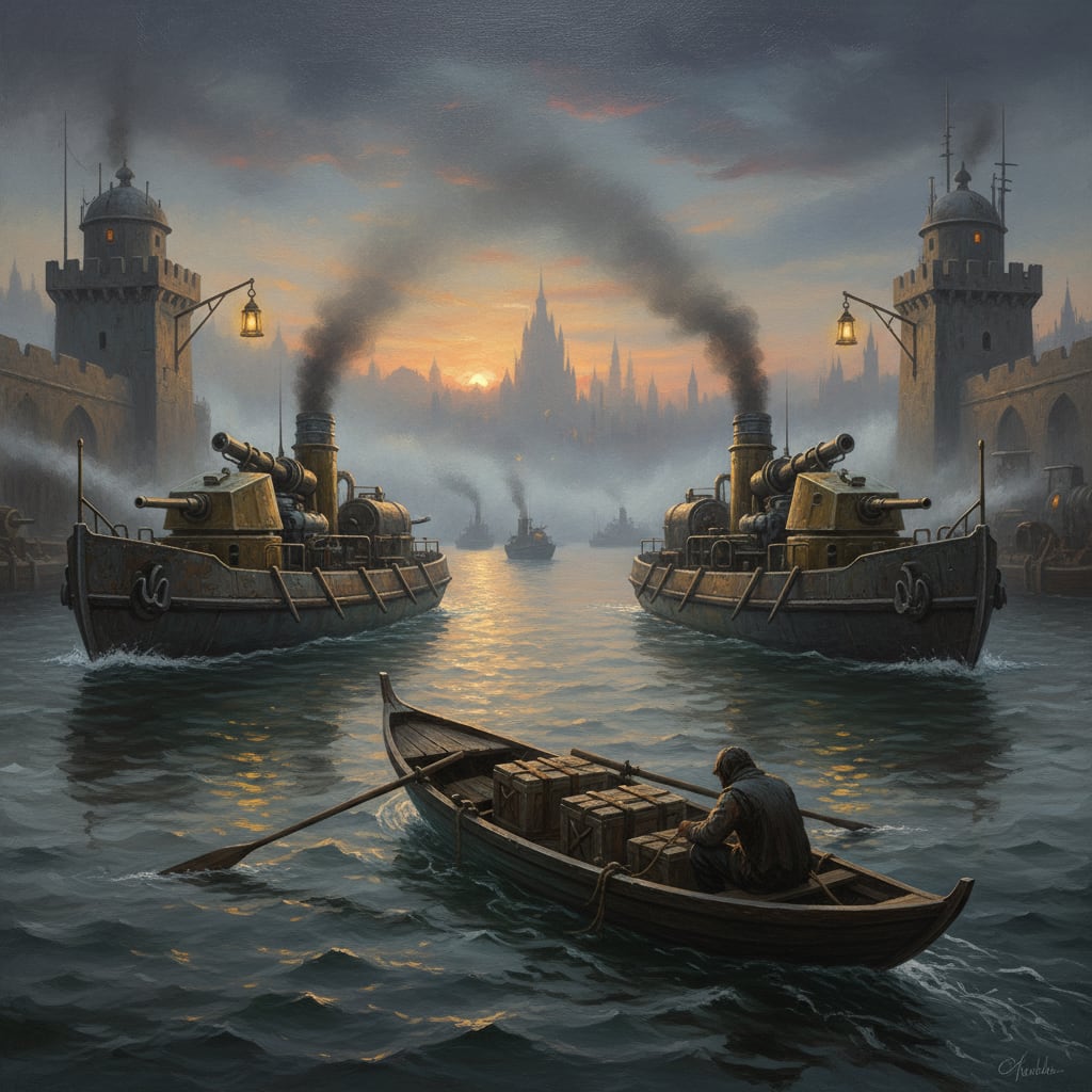 A Strait-Rat skiff threads between Bureau of War patrol launches in the Bosphorus at dawn, reliquary crates amidships, bell-lanterns swinging at checkpoint towers, fog pressing from the Black Sea.