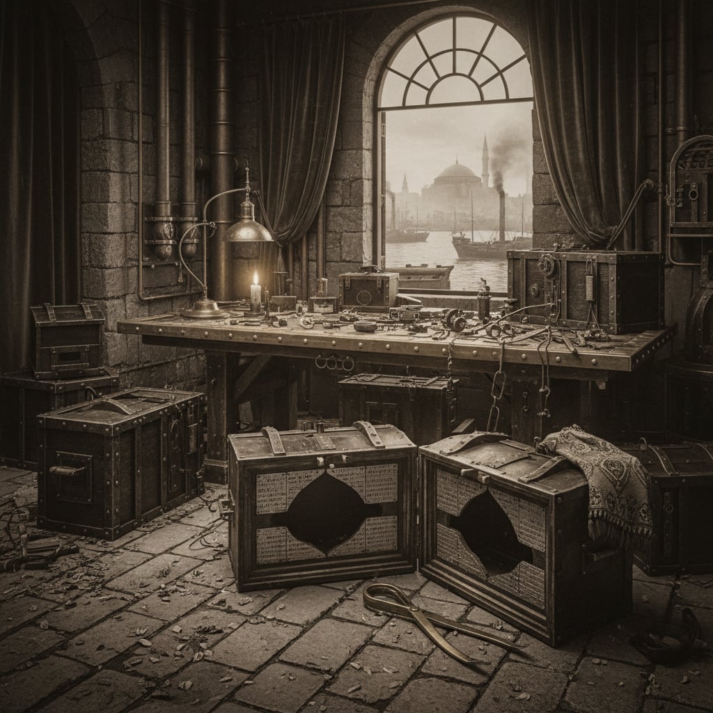 A Reliquary Surgeon's workshop on the Constantinople waterfront — reliquary crates in various stages of disassembly, a fresh cavity carved into one panel and lined with lead prayer-plates, wax-tongs and handling cloth beside the frame.