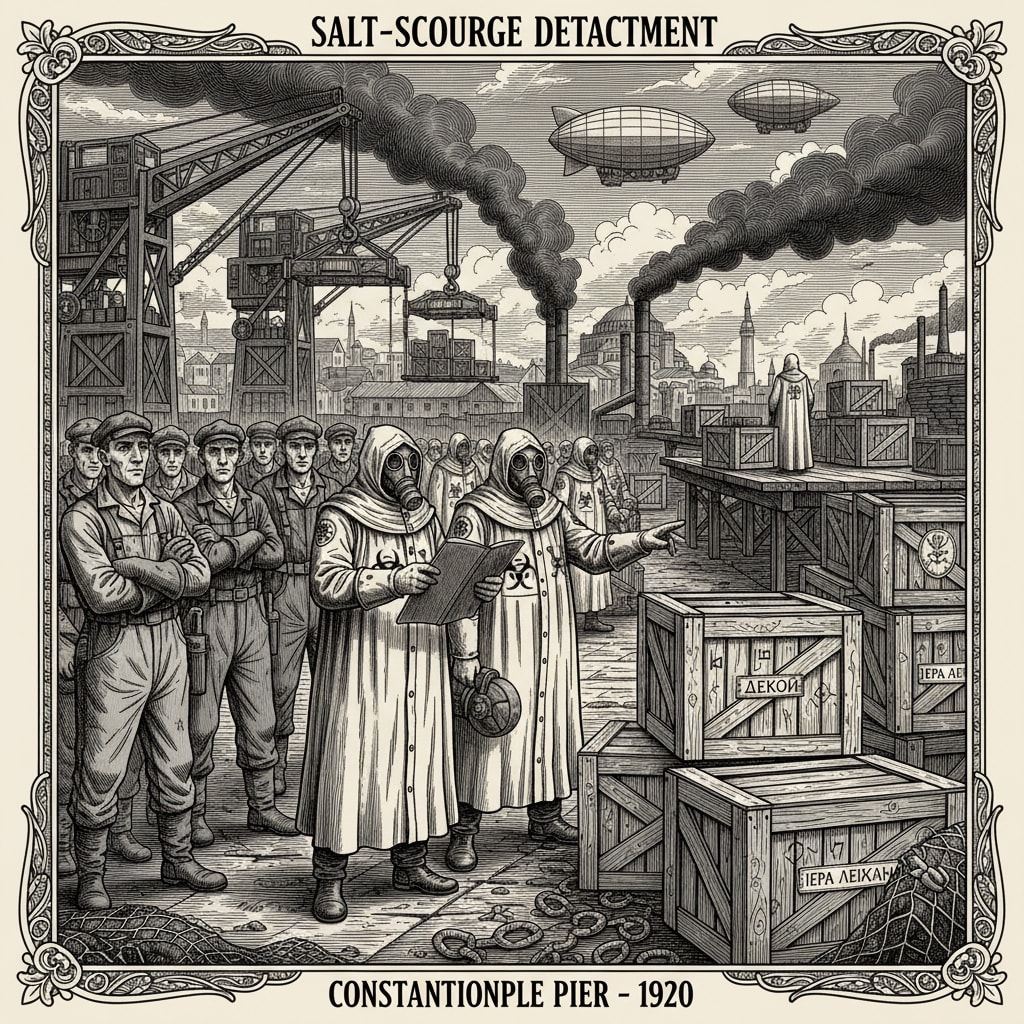 Bureau of Purity Salt-Scourge inspectors count decoy crates on the Constantinople customs pier, ledger open, dockhands watching with carefully neutral expressions, while the genuine shipment passes on the far dock unnoticed.