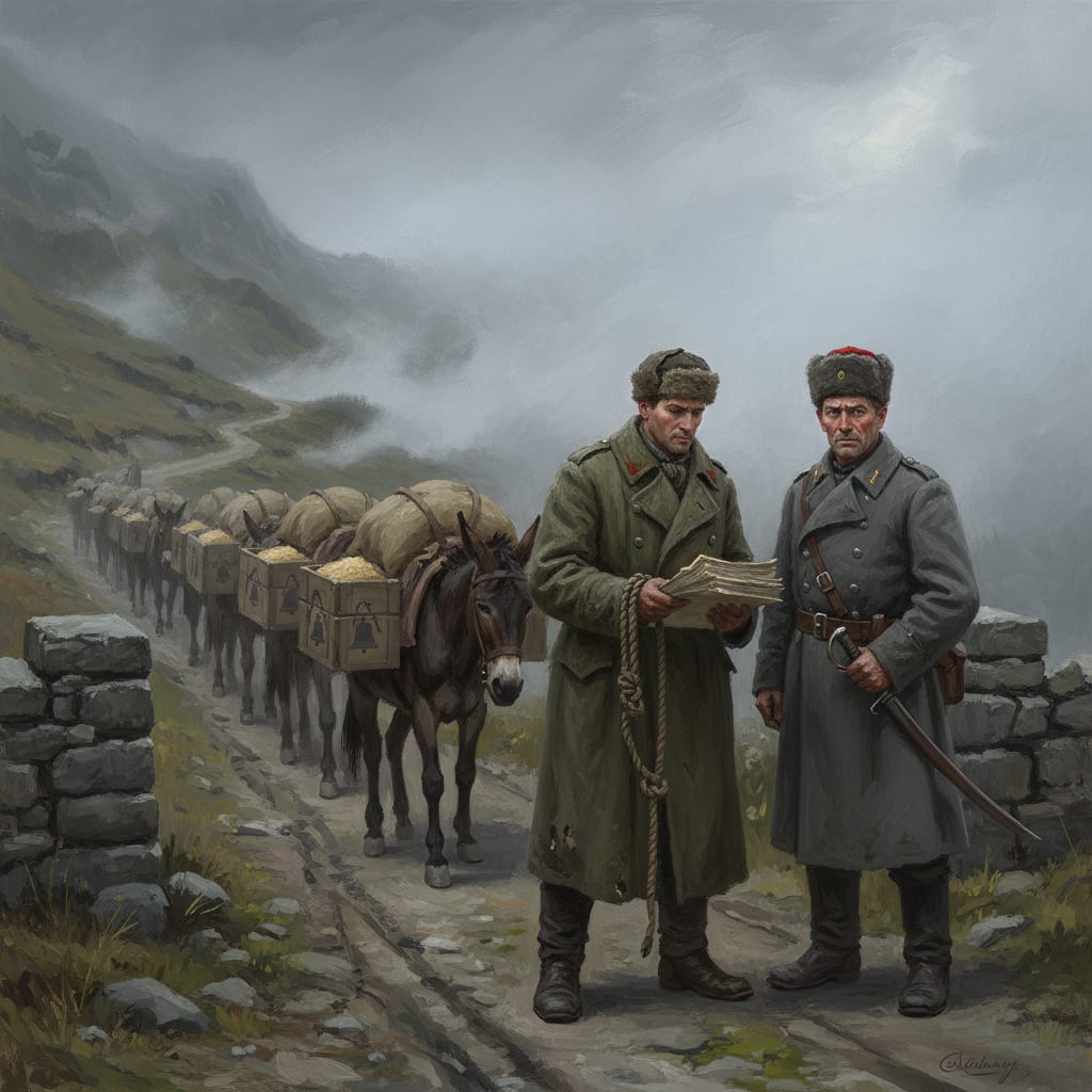 A Caravan Factor at a Carpathian ridge tithe-gate at dawn, presenting manifests to a gate-sergeant, mules loaded with relic-crates behind him, knotted route-cord at his wrist.