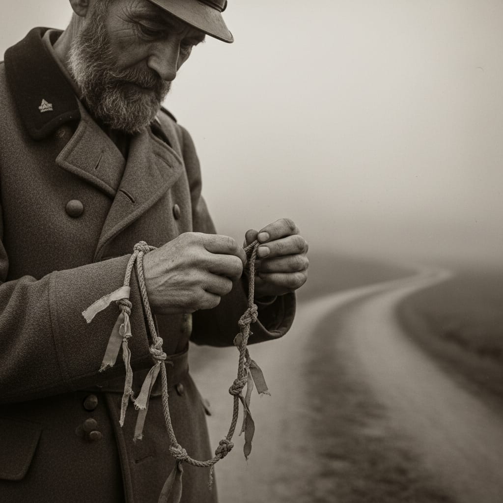 A veteran Factor reading his knotted route-cord by touch in grey pre-dawn, hands working knot by knot, each tagged with a faded ribbon.