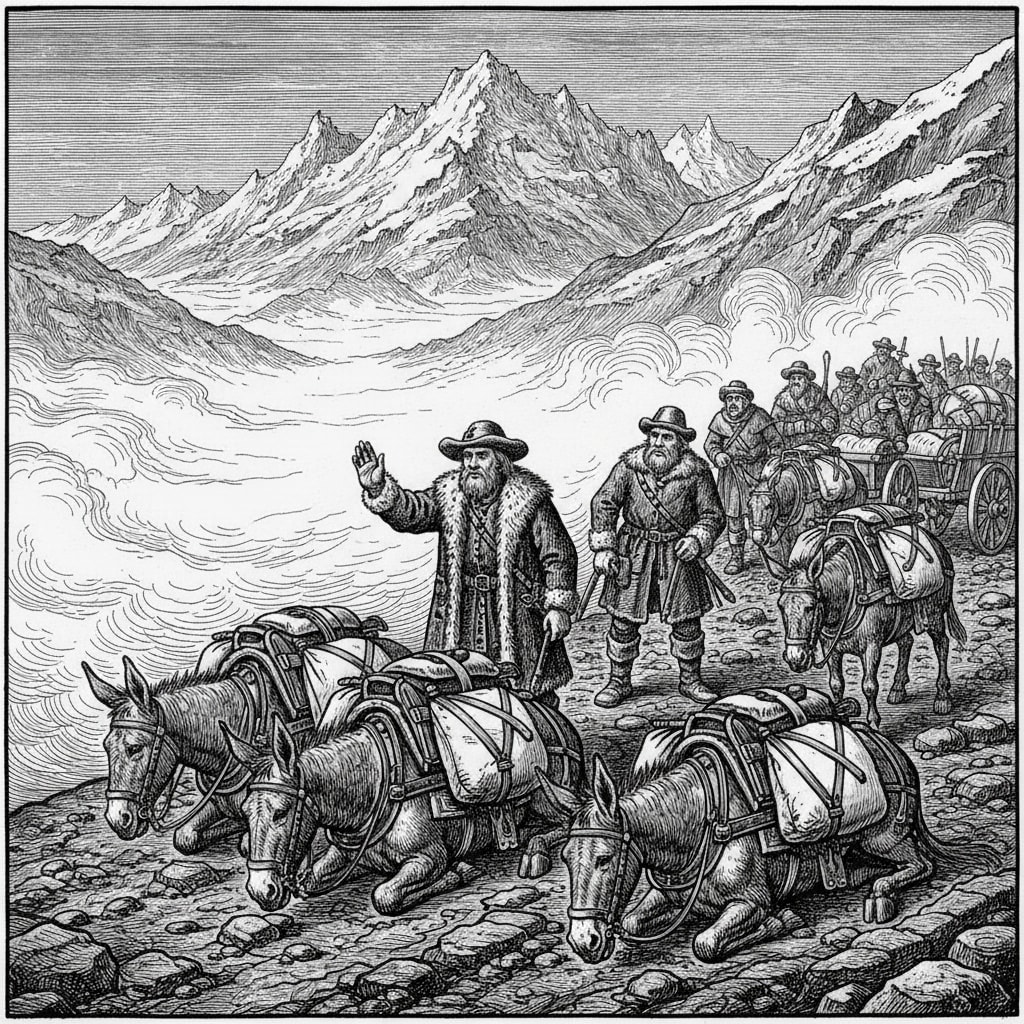 A supply convoy halted in singing fog in a Carpathian saddle, mules sitting down, Factors signalling silence, harness buckles faintly catching the dim grey light.