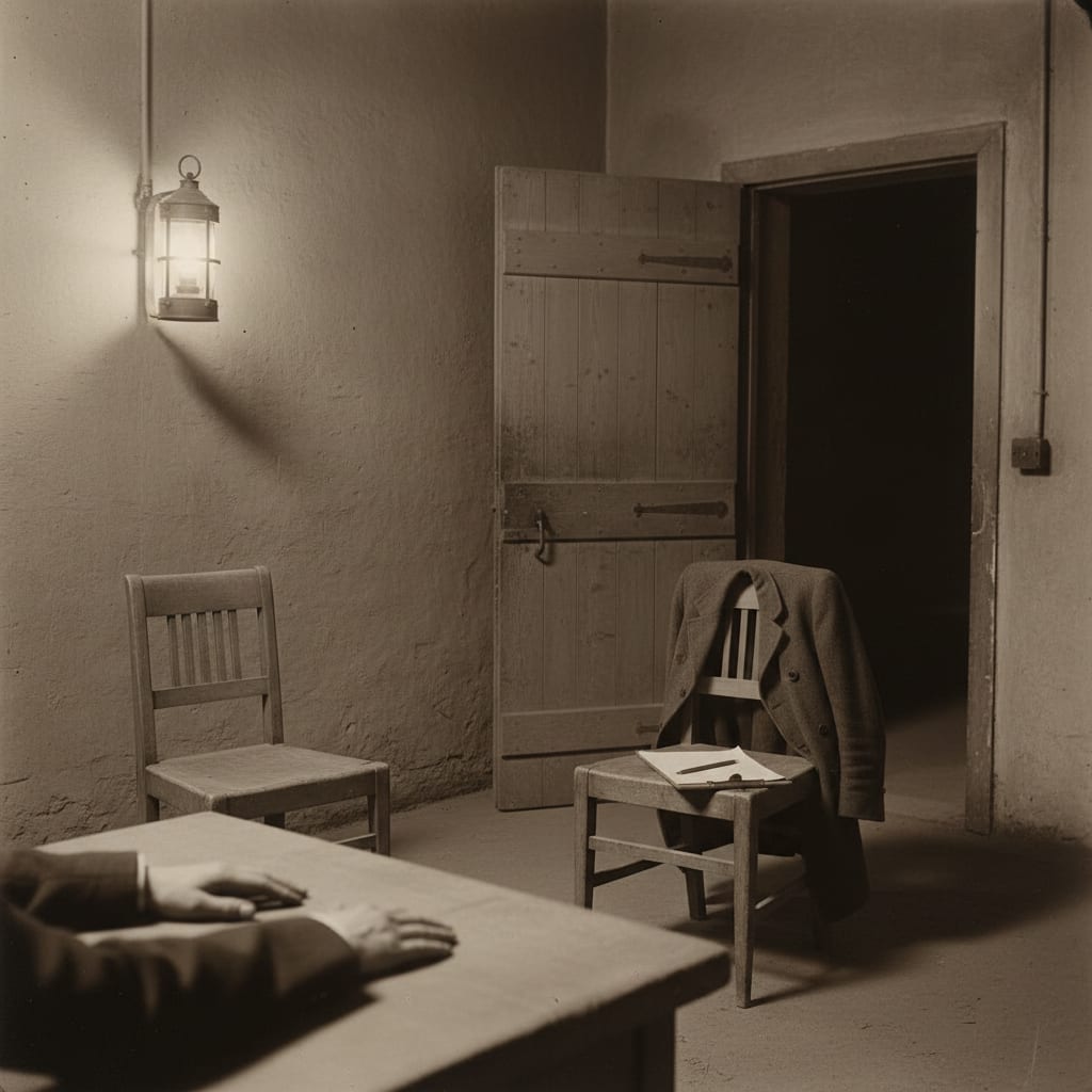 Bureau of Purity interview room, two chairs across a bare stone table, good lamp on the wall, subject's hands flat on the table, Auditor's chair empty with clipboard on seat, door ajar