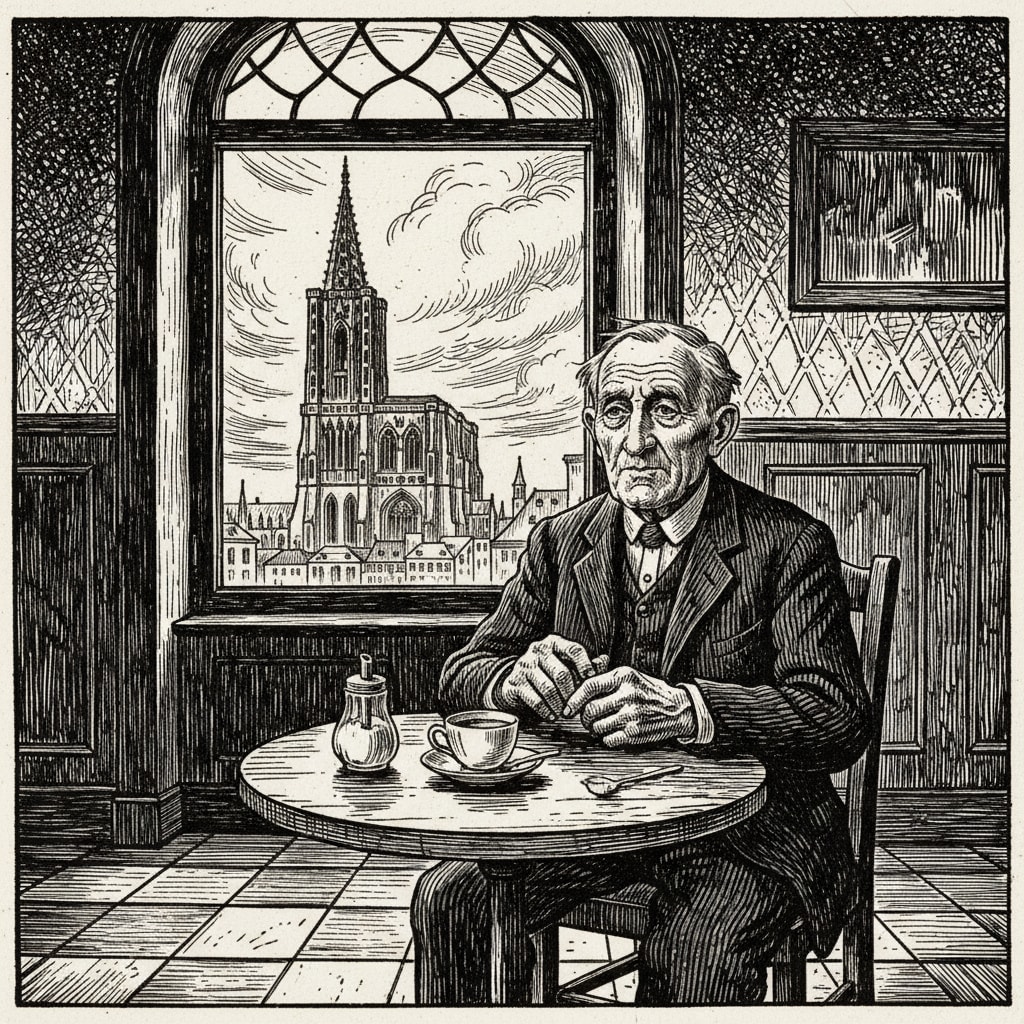 Retired Auditor alone at a Strasbourg cafe table, hands shaking, untouched coffee before him, cathedral bell tower visible through the window, lips silently counting