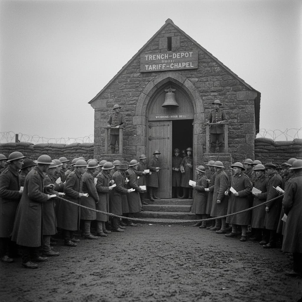 The queue outside a trench-depot tariff-chapel at midday — vendors with manifests, soldiers with priority slips, civilians with ration cards, rope barrier bowing under crowd pressure, the closed chapel door above a stone step, two guards watching