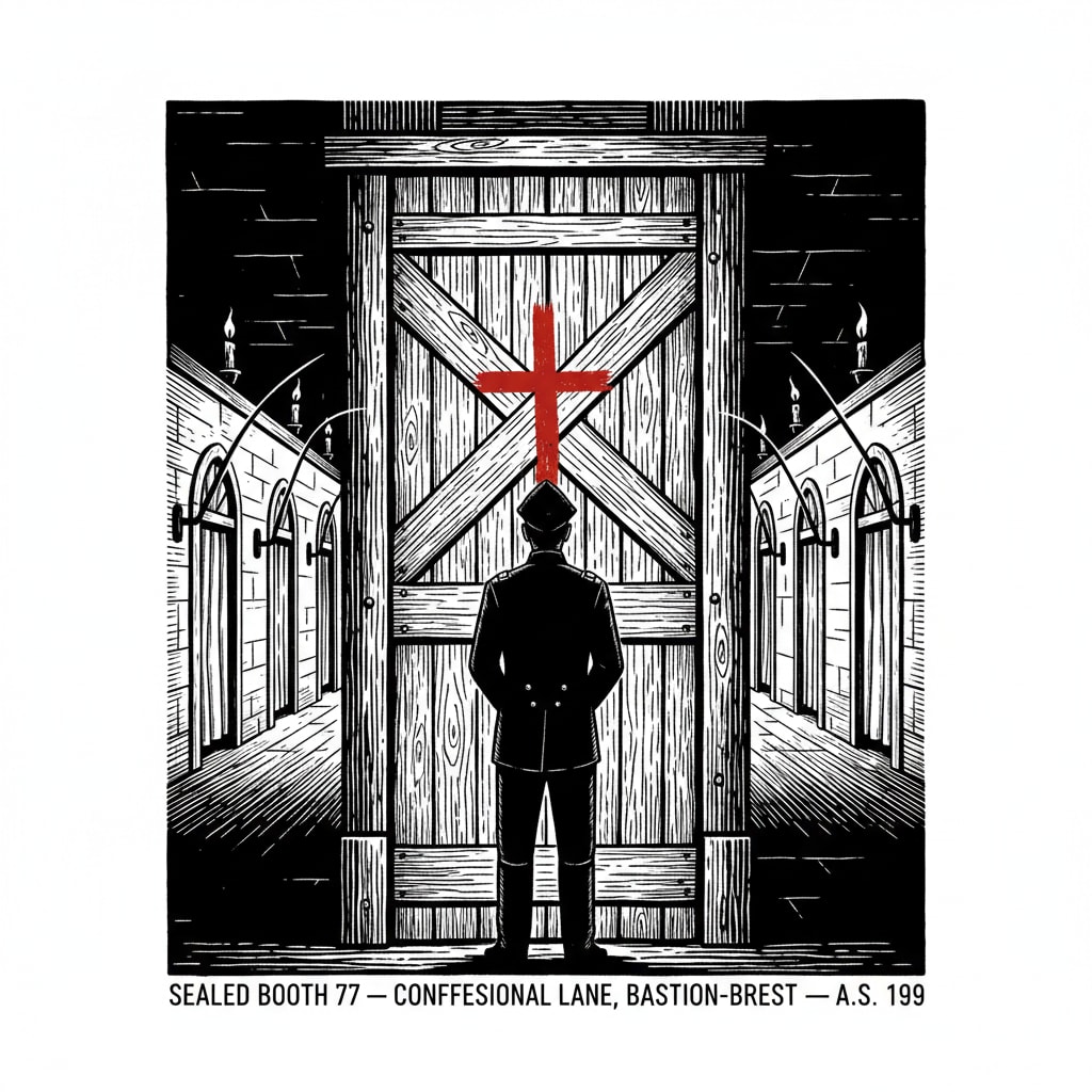 Woodcut of sealed Booth 77 in the Confessional Lane at Bastion-Brest, planks nailed across the door and a red chalk cross on the seal, a lone guard standing with his back to the booth, the corridor's candle flames bending toward the sealed door.