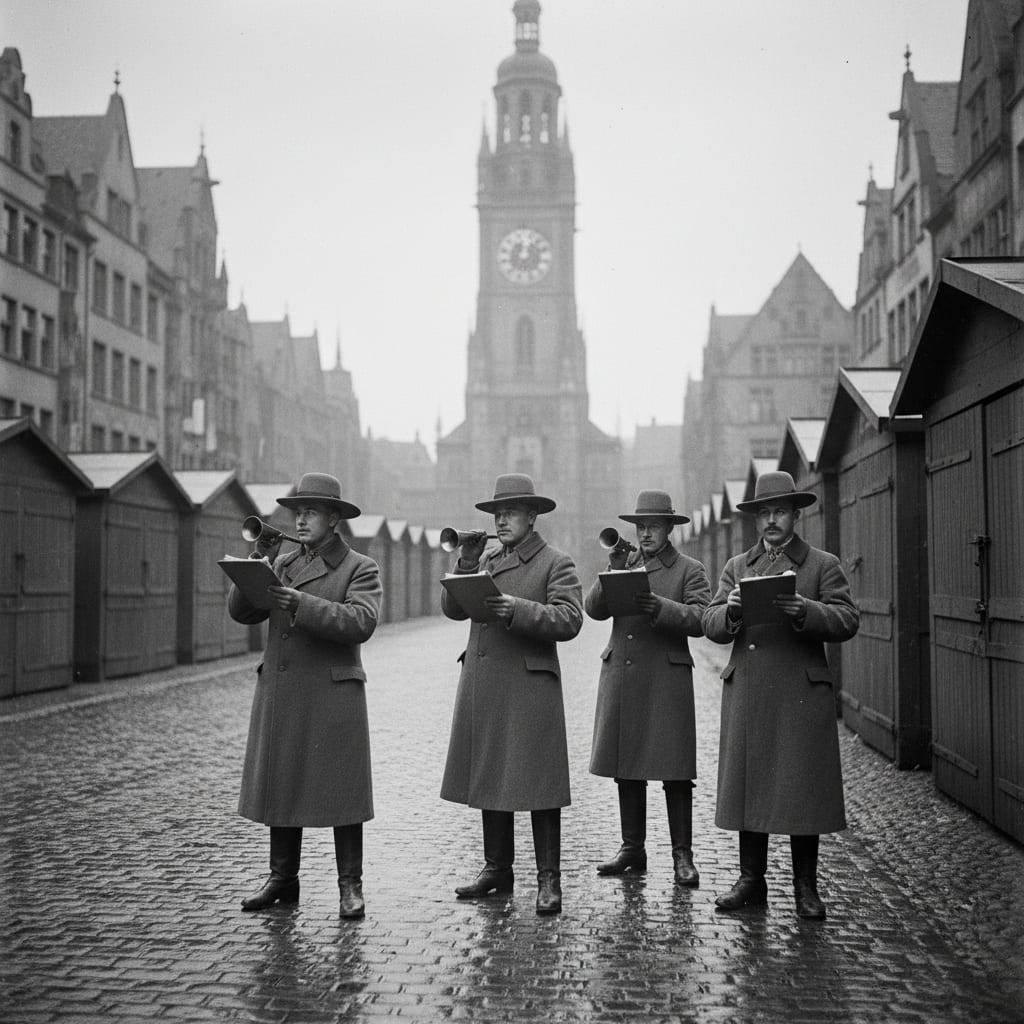 Aftermath of the Night of Borrowed Curfew in Cologne — empty streets and shuttered market stalls at mid-afternoon, a clock tower showing the wrong hour, Bureau of Bells inspectors with notation boards on rain-slicked cobblestones.