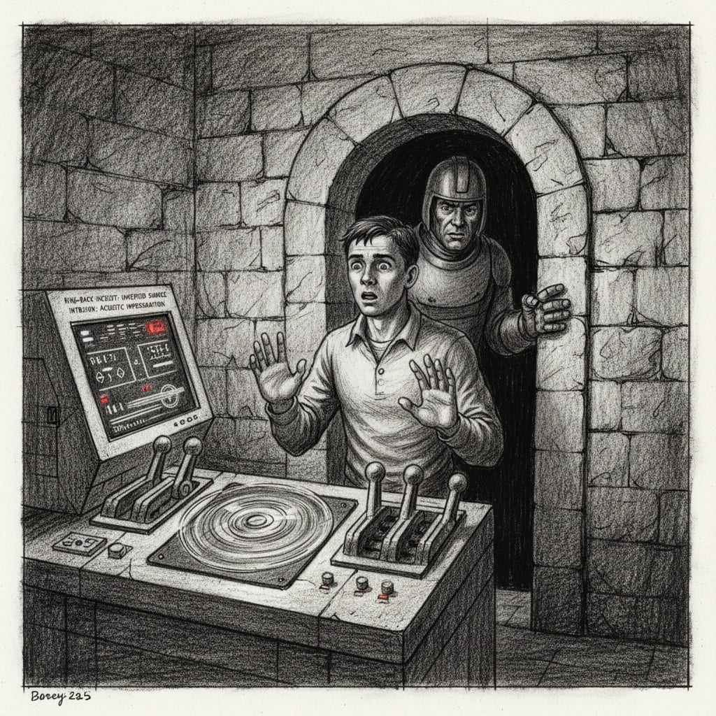 A ring-back incident in a bastion sub-tower vault — the Operator frozen with hands lifted off the actuators, the console still running, a Dominance Marshal arriving at the vault doorway, reading the room before he enters.