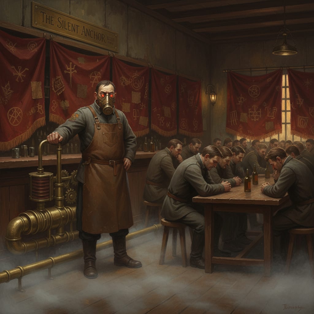 A Licensed Fog-Keeper behind the bar at curfew, fog pooling at ankle height across the shuttered common room, patrons hunched at long tables in amber lamp-light, one hand on the bellows lever.