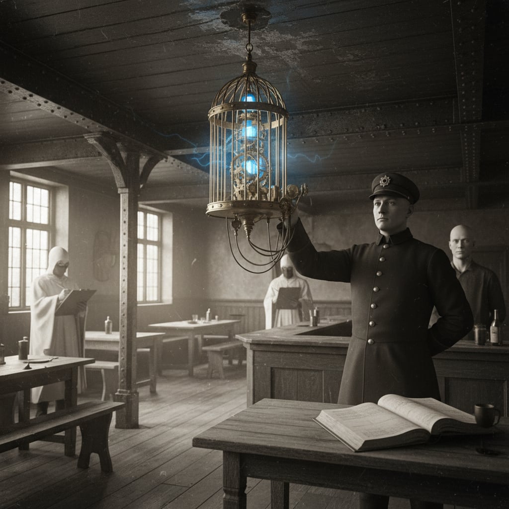 A Bureau of Purity Fume-Inspector holding a brass-and-glass resonance cage near the ceiling in a grey tavern common room, barkeep at the counter with a carefully blank expression.