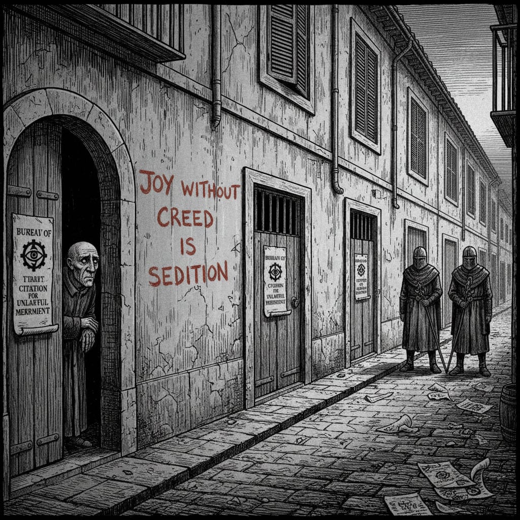 Empty shuttered tavern street after the Seville Laugh Riots, Bureau of Purity citation notices on every door, two Lictors at the corner, the verdict inscription on the wall.