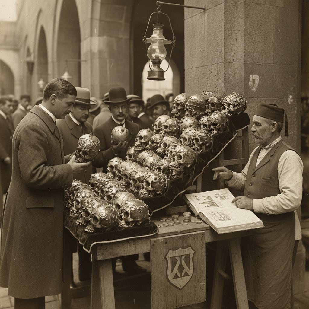 The skull market at a Constantinople bastion. Polished carved skulls on velvet-lined trays, bastion-elite buyers examining ornamental grades, Bureau of Tithes permit placard on the trestle.
