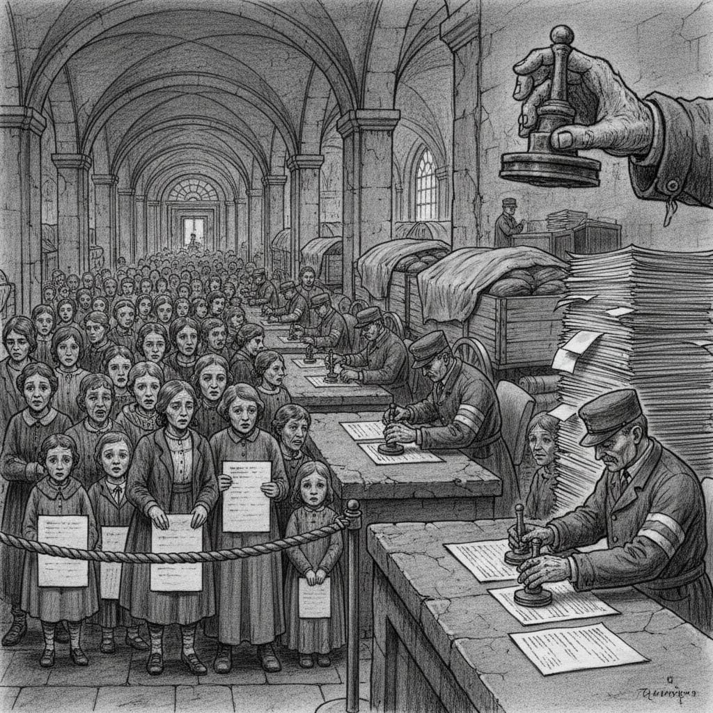 Gray Clearance at Marrowgate during the Plague Winter. Clerks stamping clearances at stone counters, families pressing against rope barriers, intake forms stacked higher than the Tariffer's head.