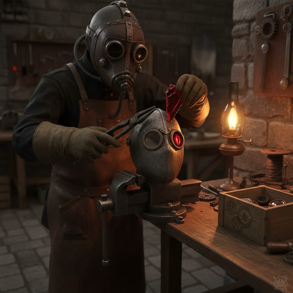 A Mask-Lens Surgeon at his workbench — a soldier's WWI trench mask clamped in an iron vise, a demon-glass shard being press-fitted into the eye socket with lead pliers, hands in lead-lined gloves, oil lamp close at hand