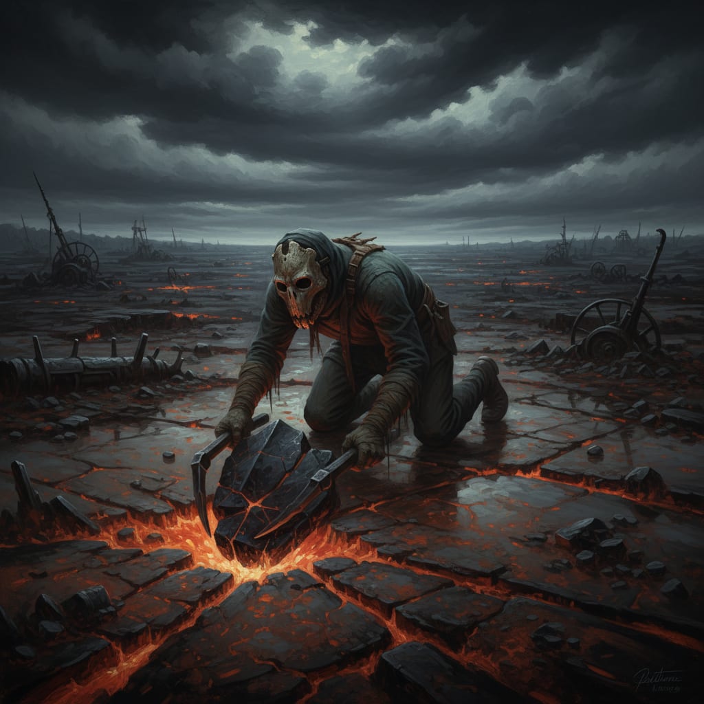 A Demon-Glass Scavenger in bone-mask and wrapped hands crawling across fused slag-ground beyond the Sagittal Line at night — faint copper light rising from the glass, tongs gripping a dark shard, the burned battlefield stretching to the horizon