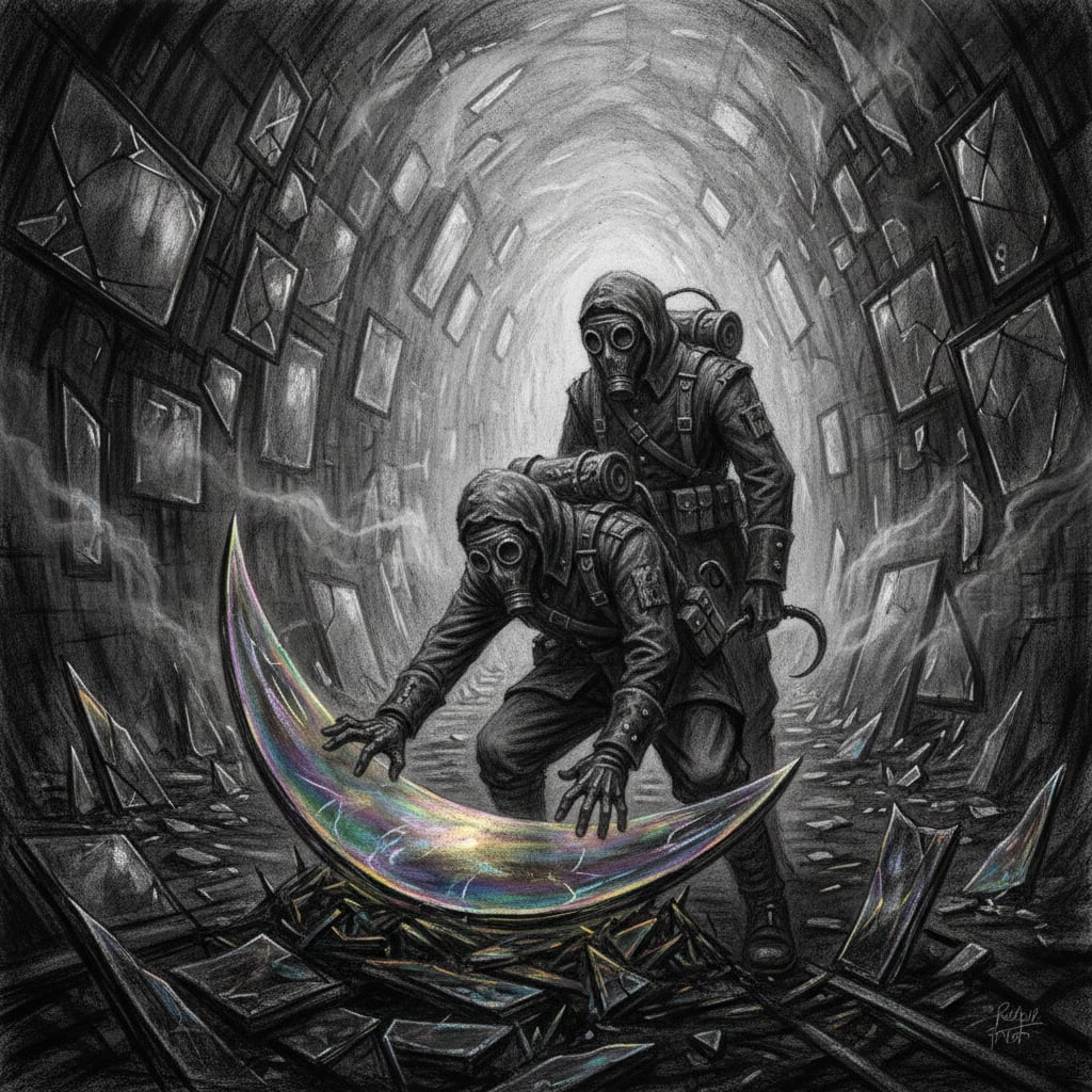 Two Palace-Crawlers in a mirrored corridor of Lust's shattered courts — one crouching at a gleaming iridescent shard, the second watching only their partner's face, ready to pull them out the moment they smile