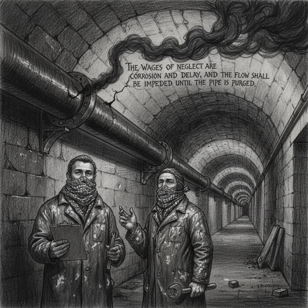 Scripture-smoke rising from a diesel conduit crack in a bastion tunnel, oily black fumes forming faint legible text on the vaulted stone ceiling, two Plumbers below looking up with professional neutrality