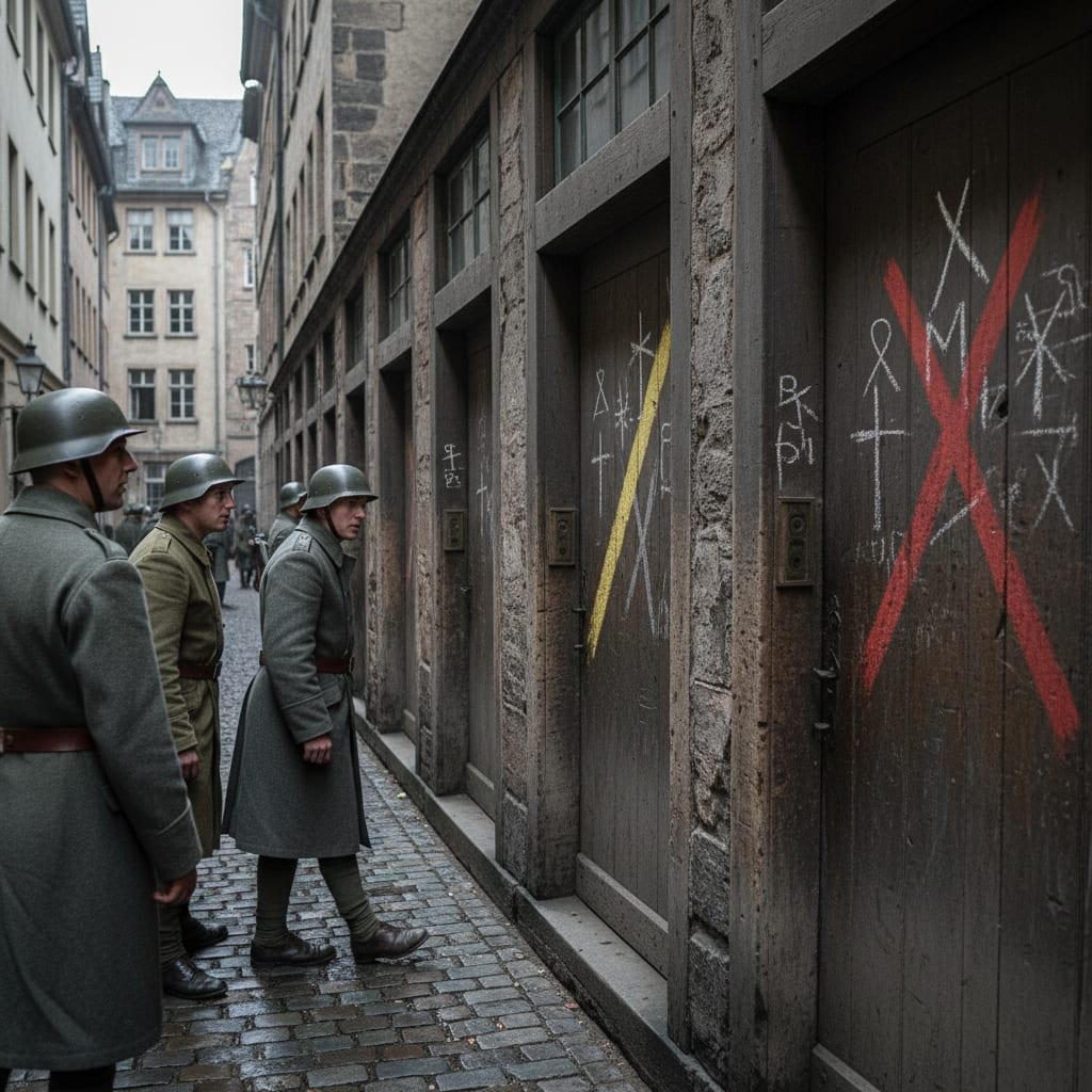 A row of doorframes on a Cologne market alley — white chalk marks on several lintels, a yellow diagonal slash on one door, a bold red chalk mark on the far doorframe, neighbours glancing sideways at the marks in grey morning light