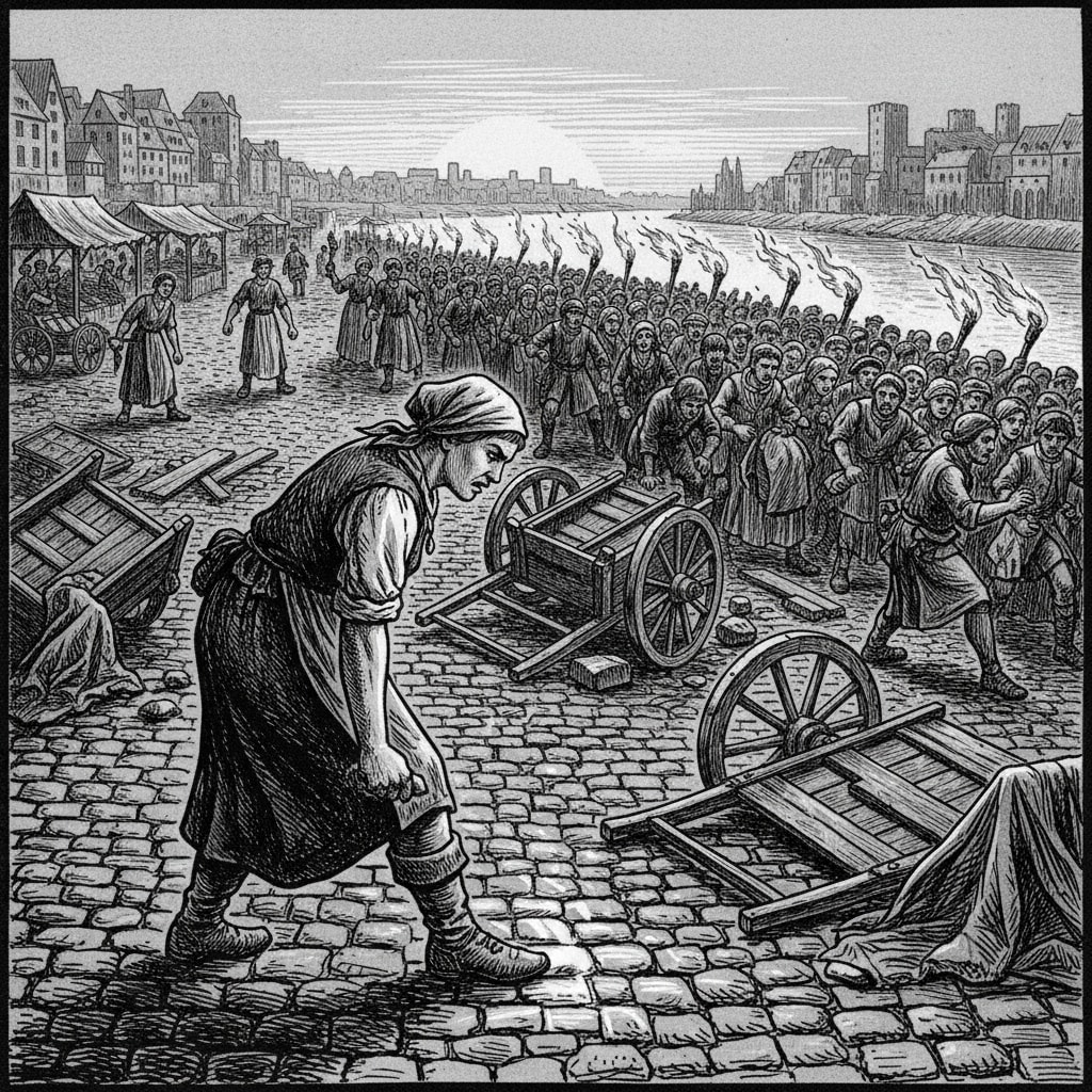 The Chalk Riots at Trier, A.S. 119 — dawn at the Moselle riverfront, overturned market carts, a crowd converging at the riverside, a woman grinding chalk into cobblestones with her boot in the foreground