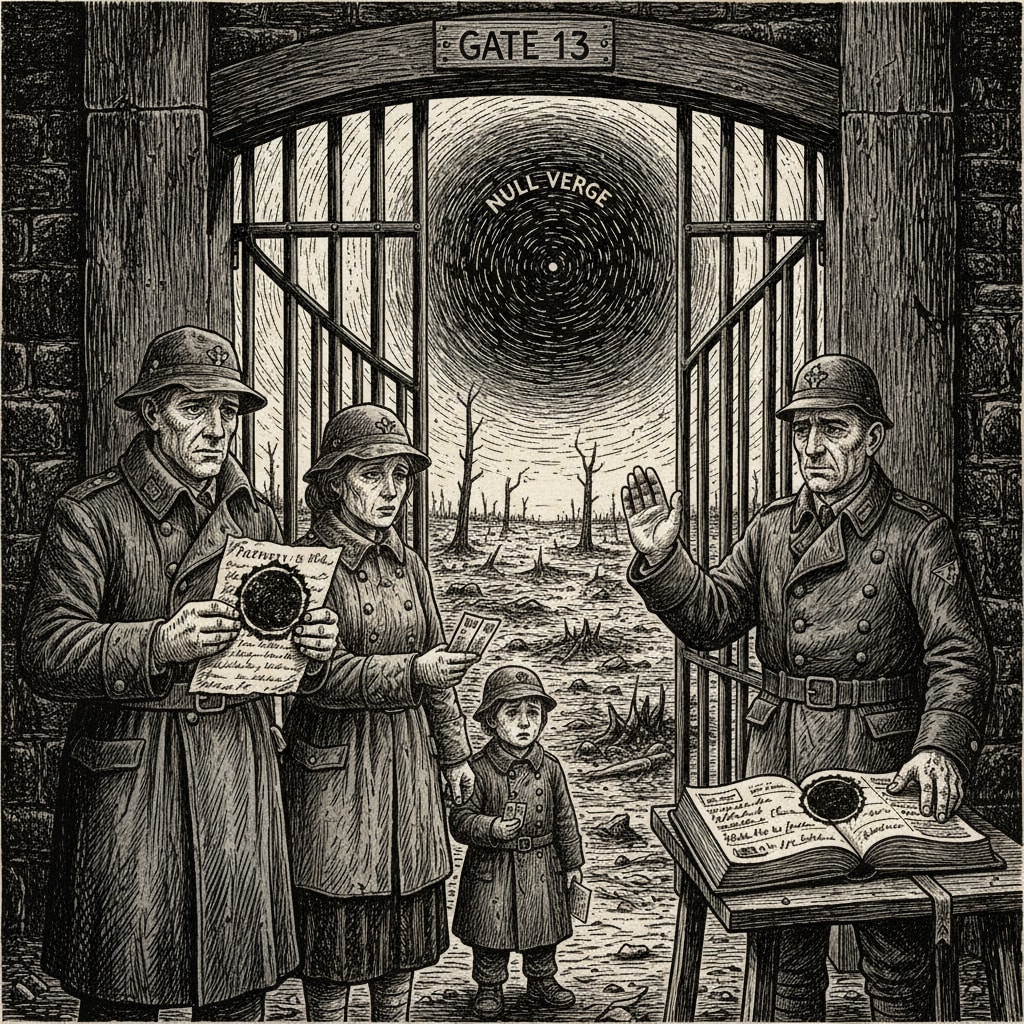 A family at a closed bastion gate pressing ration cards toward a guard who cannot accept them, Black Seal visible over their names in the guard's ledger