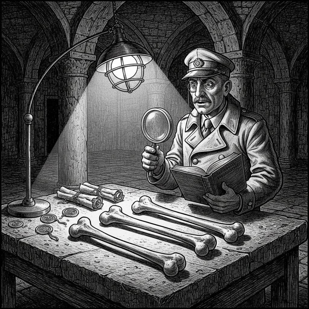 A Bureau of Relics Examiner's inspection room, three identical authenticated femurs side by side on a stone table, Bureau official with magnifying lens and separate provenance bundles