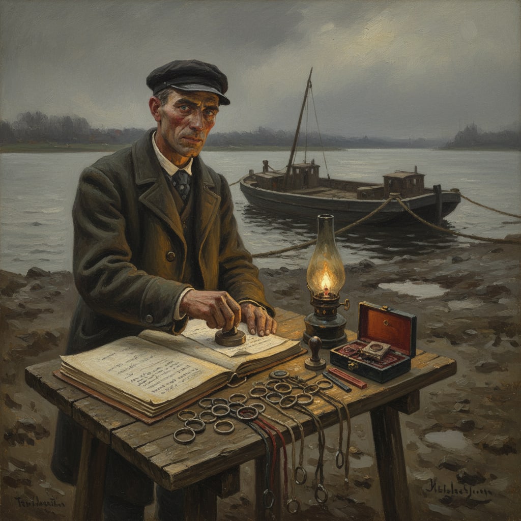 A Ferry Chokepoint Broker at a muddy Rhine bank, oilskin folio open on a plank table, forged password rings and seals laid out, a client's papers being stamped by oil-lamp, the flat barge on its hemp cable visible on dark water behind him.