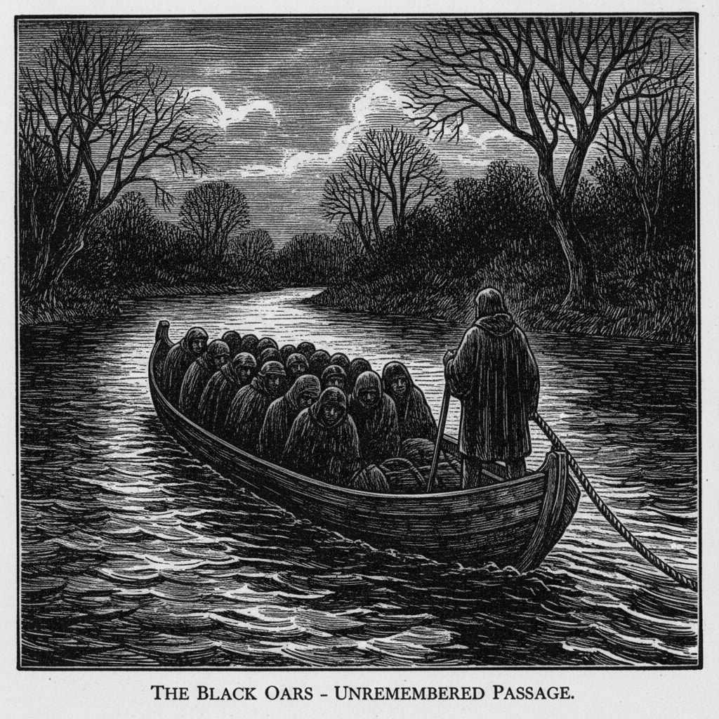 An unlisted Black Oars barge sliding silently across dark water at night, cloaked passengers crouched amidships, the pilot at the stern cable, no torches burning on either bank, no name on the hull.