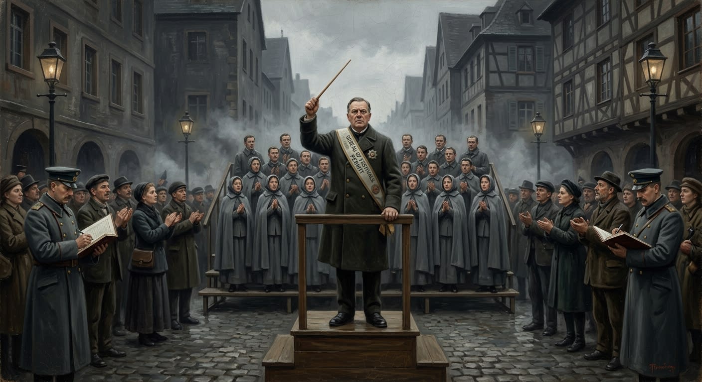 A Festival Chorus-Master in permit sash conducting a licensed performance, singers in grey Bureau vestments behind him, Attendance Auditors with ledgers at the margins, crowd applauding with calibrated obedience